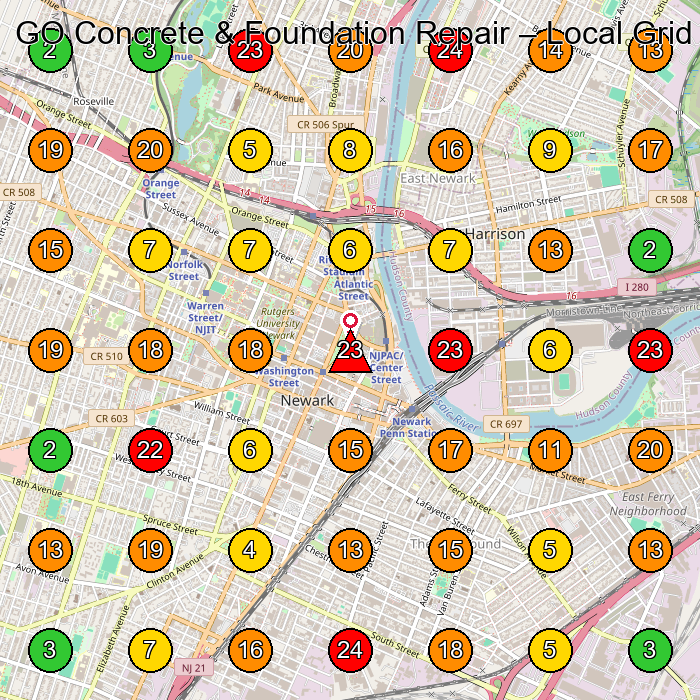 GO Concrete & Foundation Repair Concrete Contractor GeoGrid ranking map for Newark NJ